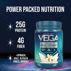 Fresh greens with kale and spinach shown in Vega packaging.