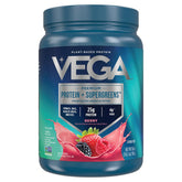 Vega Protein and Greens mixed berry powder jar front for quick protein boost.