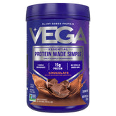 Vega Protein Made Simple chocolate packaging shows clean ingredients for quick mixing.