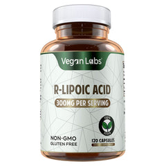 Vegan Labs R-Lipoic Acid 300MG capsules close-up highlights plant-based, easy-to-swallow design