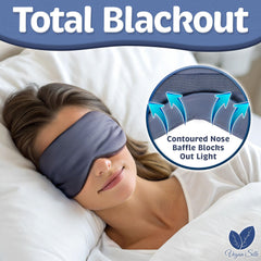 Vegan Silk sleep mask navy gray highlights light blocking for restful darkness.