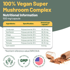 Close-up of Vegan Vitality capsules highlighting the high-strength mushroom blend.