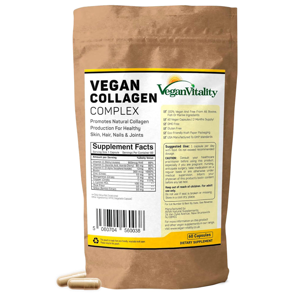 Vegan Vitality plant-based collagen bottle front for hair and skin support.