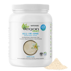 Vegansmart Naturade vanilla protein bottle showing 20g protein per serving for daily energy.