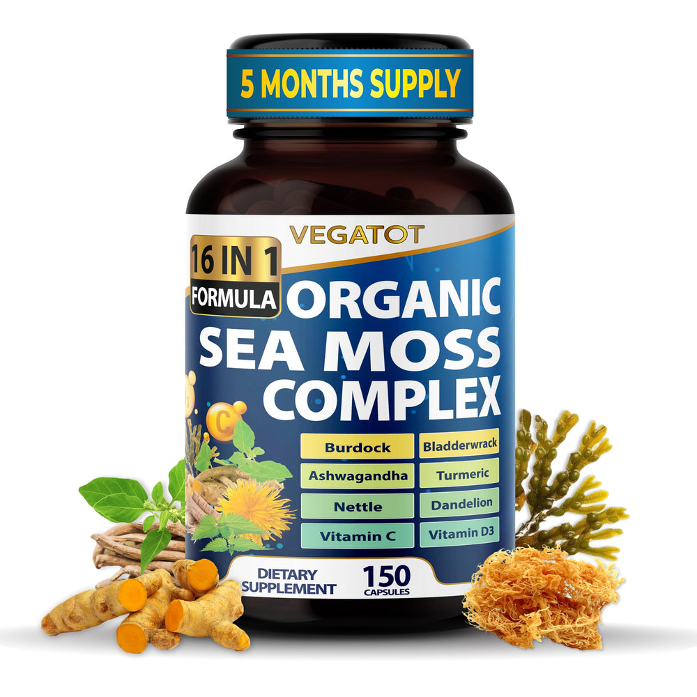 VEGATOT Organic Sea Moss bottle showing the sea moss blend for daily immune-support and vitality
