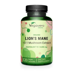 Vegavero Lions Mane bottle showcases organic supplement for daily focus