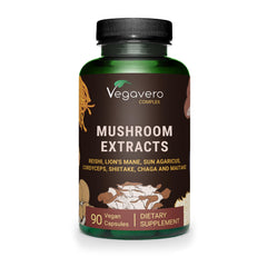 Vegavero Organic Mushroom Supplement bottle shows 7-mushroom blend for daily cognitive support.