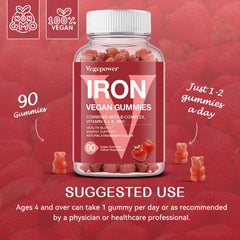 Vegepower gummies with vitamin C to support iron absorption.