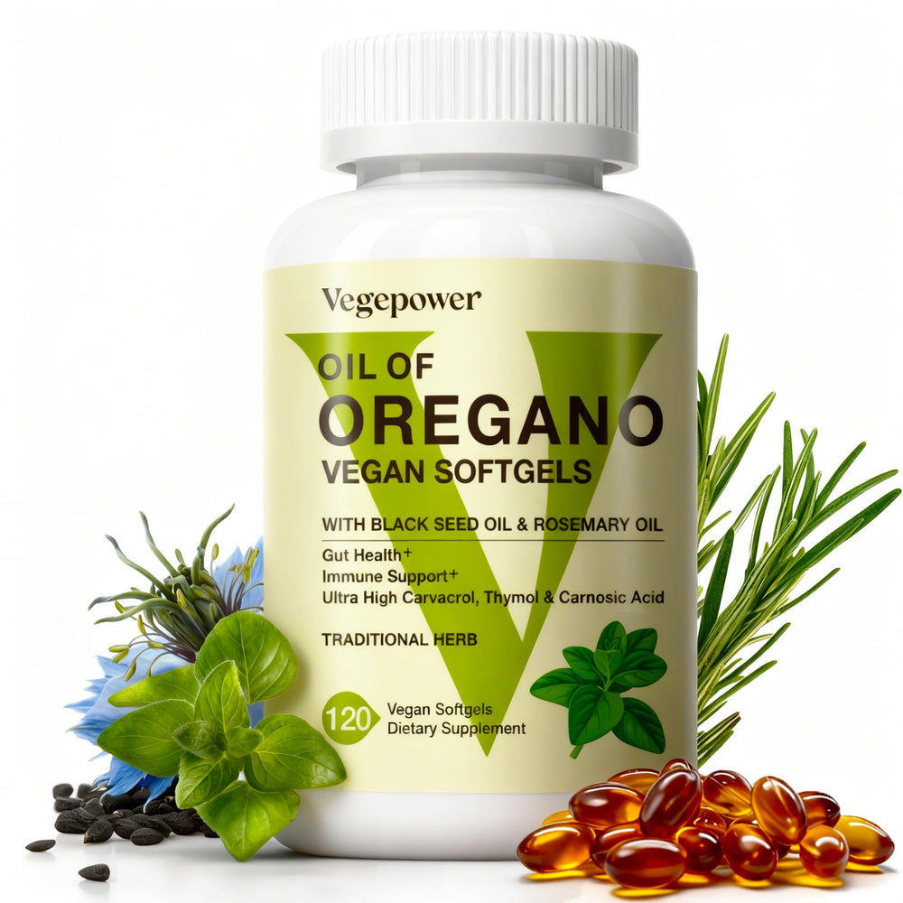 VEGEPOWER Oil of Oregano softgels bottle shows a two month supply for immune and digestion support.