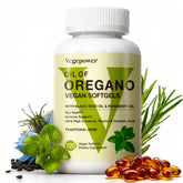 VEGEPOWER Oil of Oregano softgels bottle shows a two month supply for immune and digestion support.