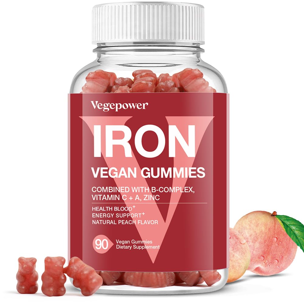 VEGEPOWER vegan iron gummies peach bottle for easy daily iron intake