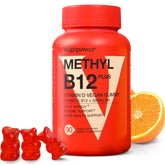 VEGEPOWER vegan B12 D3 gummies in a jar for daily energy support.