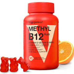 VEGEPOWER vegan B12 D3 gummies in a jar for daily energy support.