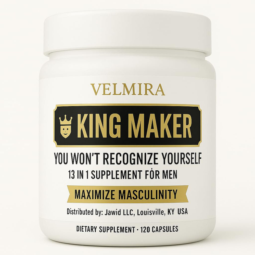 Velmira King Maker bottle front view highlighting daily energy support.