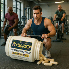 Velmira King Maker bottle pictured in a man’s daily routine for energy support.