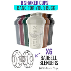 Velomix 20oz shaker bottle with lid and whisk shows leak-proof design in action