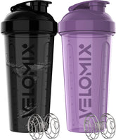 VELOMIX 28oz shaker bottle in purple, ergonomic grip for smooth protein mixing