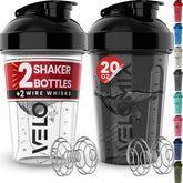 VELOMIX 2 pack 20oz shaker bottle front view with leak proof black-transparent design