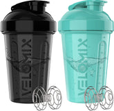 VELOMIX 2-pack 20oz shaker bottles, durable and leak-proof for gym protein shakes.