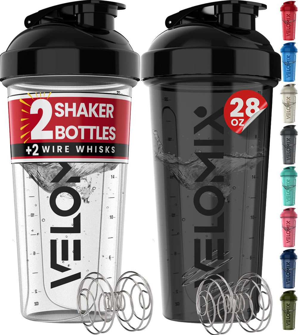 Velomix 2-pack bottle front view in black and transparent, leak-proof design for gym shakes.