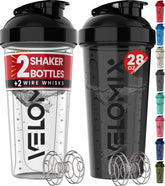 Velomix 2-pack bottle front view in black and transparent, leak-proof design for gym shakes.