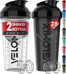 Velomix 2-pack bottle front view in black and transparent, leak-proof design for gym shakes.