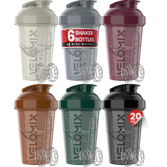 Velomix six-pack mood tones display of assorted shaker bottles for gym use