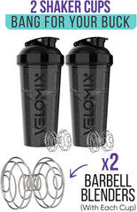 VELOMIX black shaker pack shown together for gym and office use.