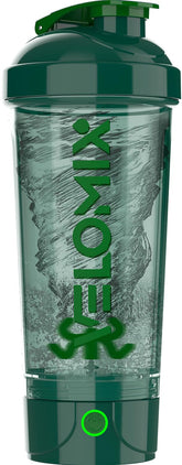 VELOMIX electric protein shaker bottle—green body, ideal for on-the-go protein shakes.