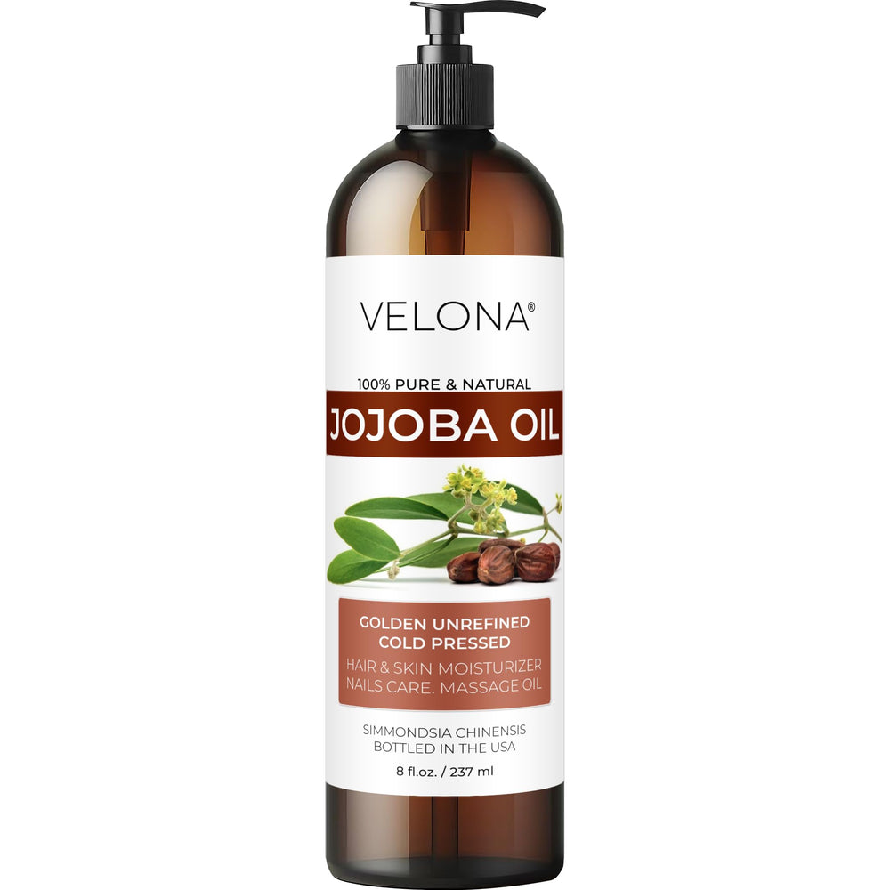 Velona Jojoba Oil 8oz bottle with pump for easy daily hydration.