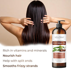 Velona Jojoba Oil hair application adds shine and helps manage frizz.