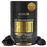 VeltraVita Alpha Shilajit Gummies bottle label highlights vegan, sugar-free energy support.