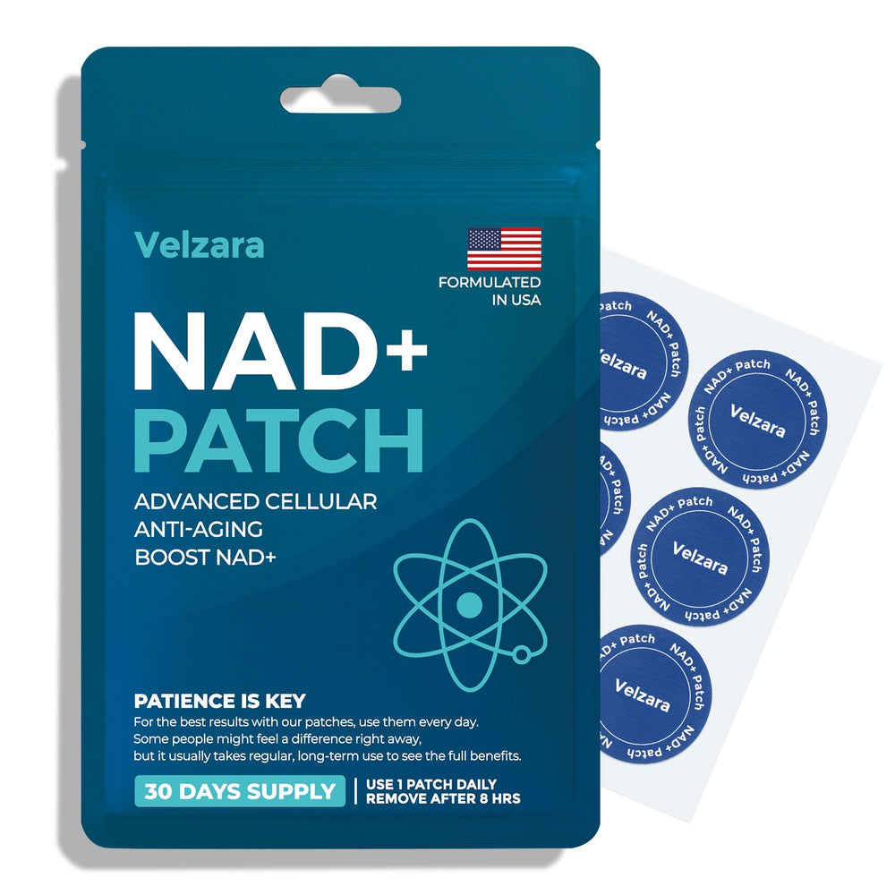 Velzara NAD+ patches for all-day wear with steady support and radiant skin.