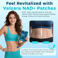 Velzara NAD+ patches provide time-release nourishment for daily clarity.
