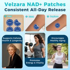 Velzara NAD+ patches are vegan and water-resistant for busy days.