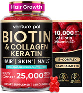 Venture Pal Biotin Gummies bottle with collagen and keratin for hair, skin, and nails.