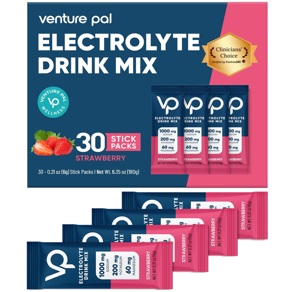 Venture Pal electrolyte packet closeup for zero-calorie hydration on the go.
