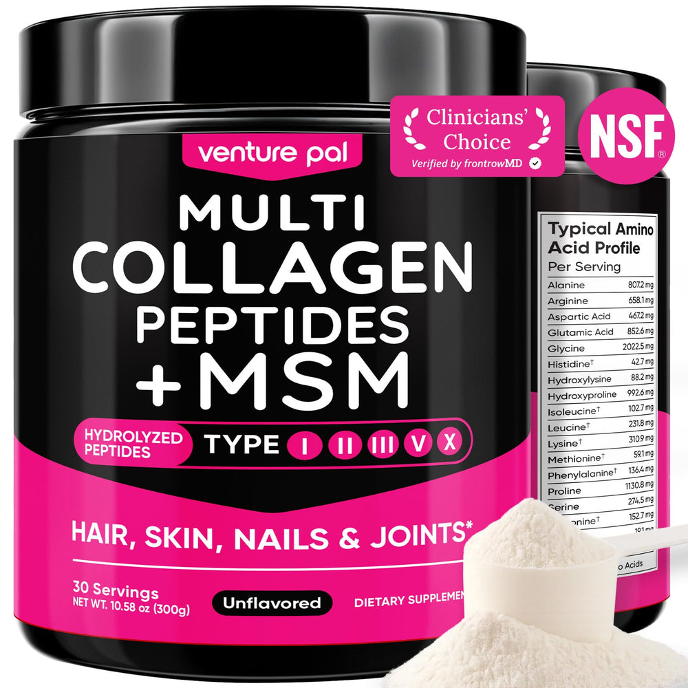 Venture Pal Multi Collagen powder tub front showing premium blend for skin, hair, and joints.