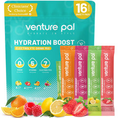 Venture Pal sugar-free electrolytes packets showcase packaging for quick, sugar-free hydration.