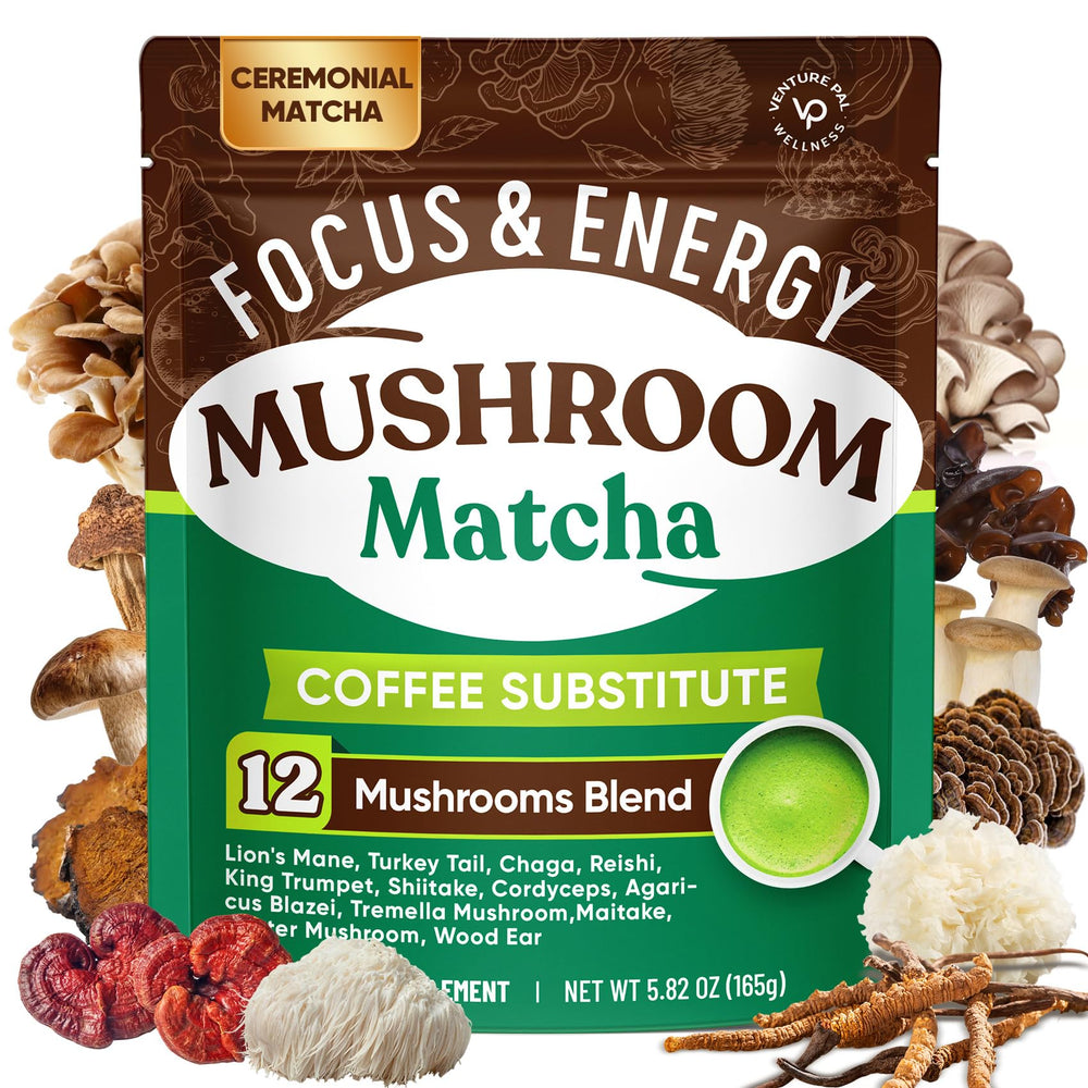 Venture Pal Mushroom Matcha Powder tin shown for steady focus.