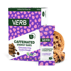 Verb Caffeinated Energy Bar packaging shows chocolate chip cookie dough flavor for on-the-go energy.