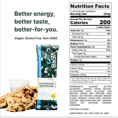 Verb Energy Bar close-up chocolate chip texture emphasizes soft, tasty protein and steady energy.