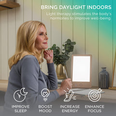 Verilux HappyLight Luxe displays 10,000 lux UV-free LED light for bright sessions.