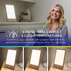 Verilux HappyLight Luxe brightness and color temperature controls for tailored light.
