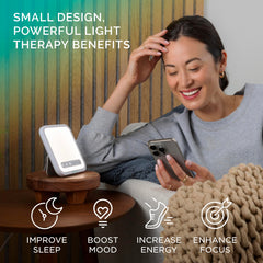 Verilux HappyLight Mini compact design on a table for travel use