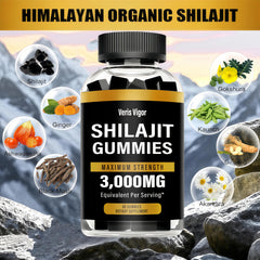 Veris Vigor Shilajit Gummies label close-up highlighting vegan formula.