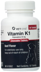 Vet One Vitamin K1 chewables bottle with beef flavor for dogs.