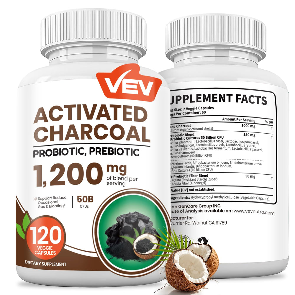 VEV activated charcoal bottle shows organic coconut charcoal for digestive balance