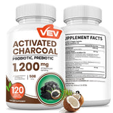 VEV activated charcoal bottle shows organic coconut charcoal for digestive balance