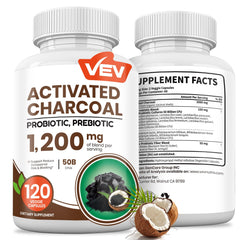 VEV activated charcoal bottle shows organic coconut charcoal for digestive balance